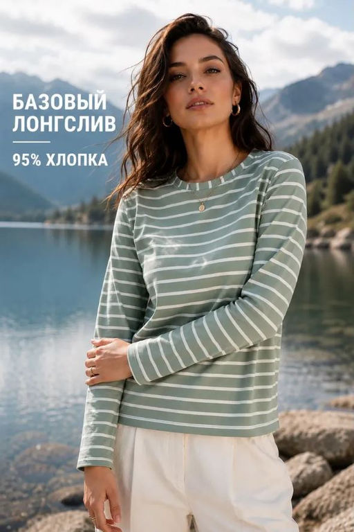 Лонгслив тельняшка хлопок 95%, лайкра 5% ,зелено-белый - Binita фото 11