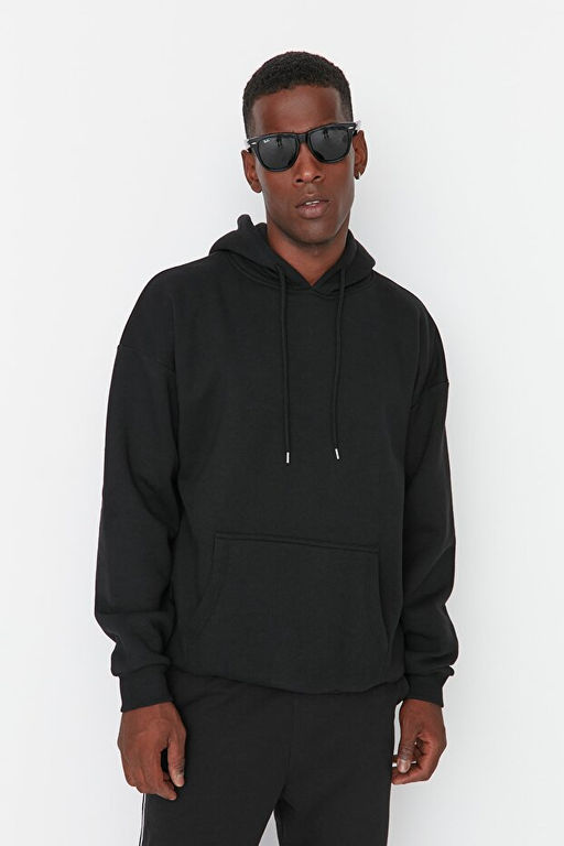 Siyah Oversize/Geni_ Kesim Kap__onlu __i Polar/S_cak Tutan _i_ek Bask_l_ Sweatshirt TMNAW22SW1651 - Trendyolmilla фото 2