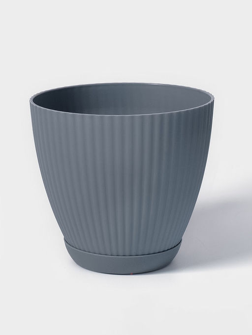 Горшок для цветов с поддоном Ribbed, пластиковый, 13.5×13.5×12 см, серый