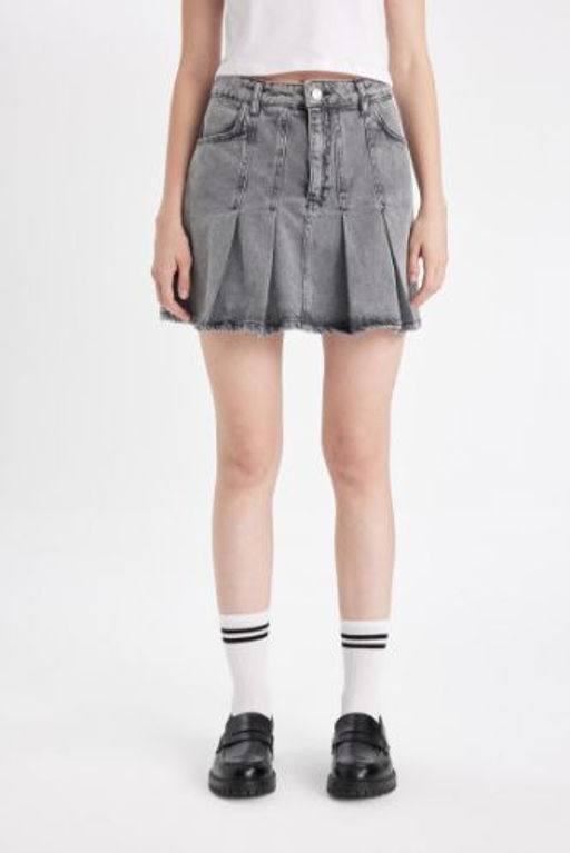 Fashion Fit Pileli Cepli Mini Jean Etek