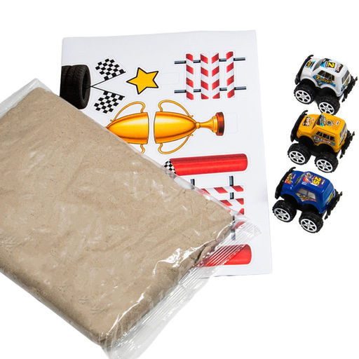 Игрушка для детей старше трех лет, в наборах, из формирующихся пластичных масс (кинетический песок, пластичный песок) и тематических предметов игрового обихода (игрушечный трансопрт) из полимерных материалов с элементами из бумаги, картона