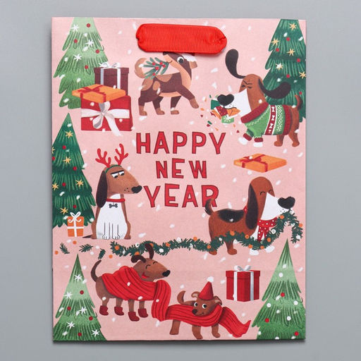 Пакет подарочный новогодний крафтовый вертикальный «Собачьи истории», MS 18 х 23 х 10 см