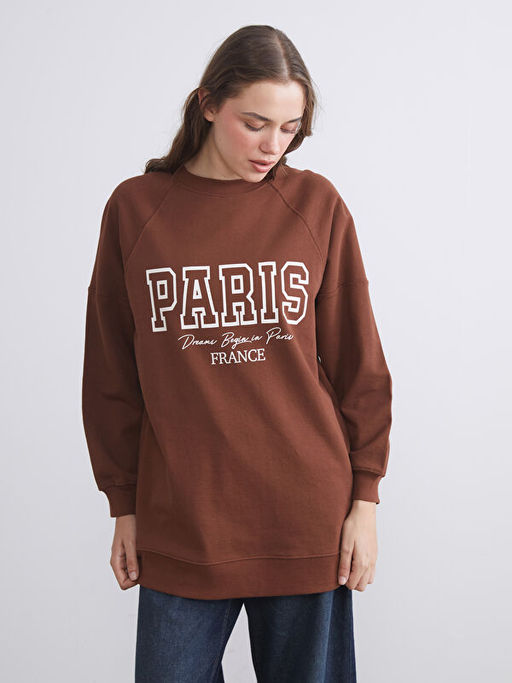 Bisiklet Yaka Paris Bask?l? Oversize Kad?n Sweatshirt Tunik