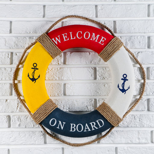 Декор настенный, панно спасательный круг с бечевкой Welcome on board, якоря, 7×50×50 см
