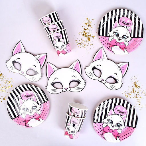 УЦЕНКА Набор бумажной посуды c масками «Кошечка», 6 тарелок, 6 стаканов, 6 масок