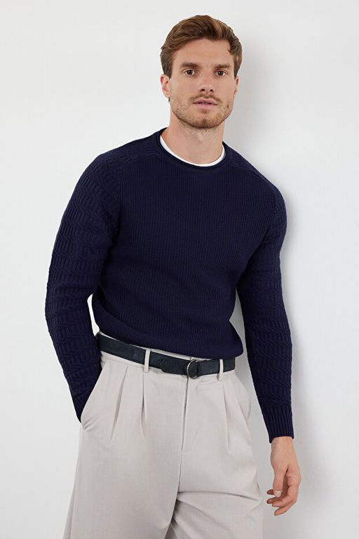 Lacivert Slim Dar Kesim Bisiklet Yaka Dokulu Triko Kazak TMNAW22KZ0380 - Trendyolmilla фото 2
