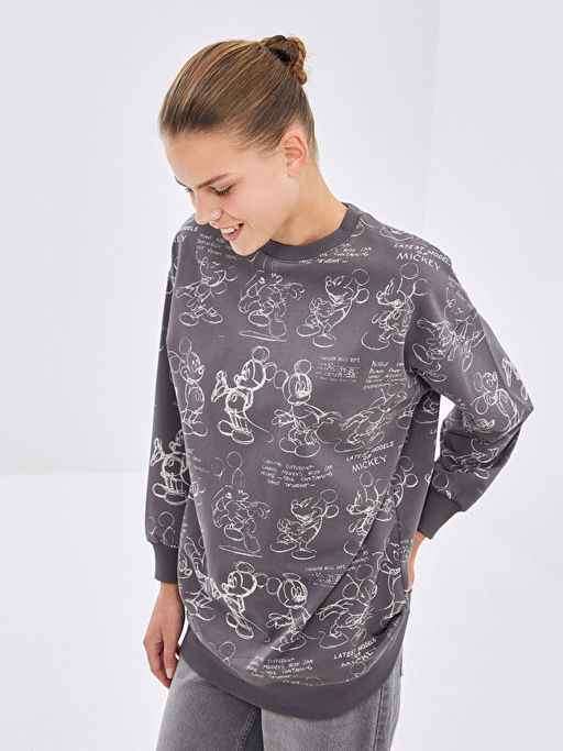 Bisiklet Yaka Mickey Mouse Bask?l? Kad?n Sweatshirt Tunik