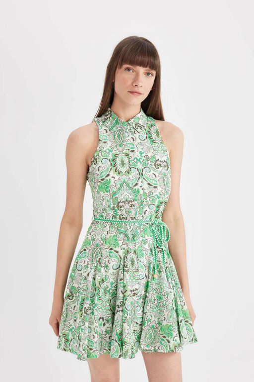 Мини-платье А-силуэта без рукавов с рубашечным воротником и рисунком из вуали - Defacto фото 3