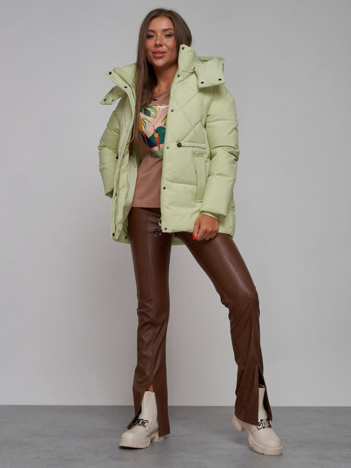 Зимняя женская куртка модная с капюшоном салатового цвета 52302Sl