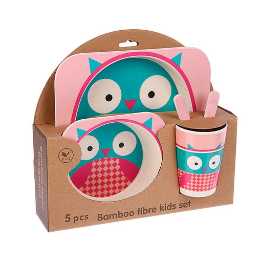 Набор детской посуды из бамбука Совушка, 5 предметов: тарелка, миска, стакан, столовые приборы - Крошка я фото 2