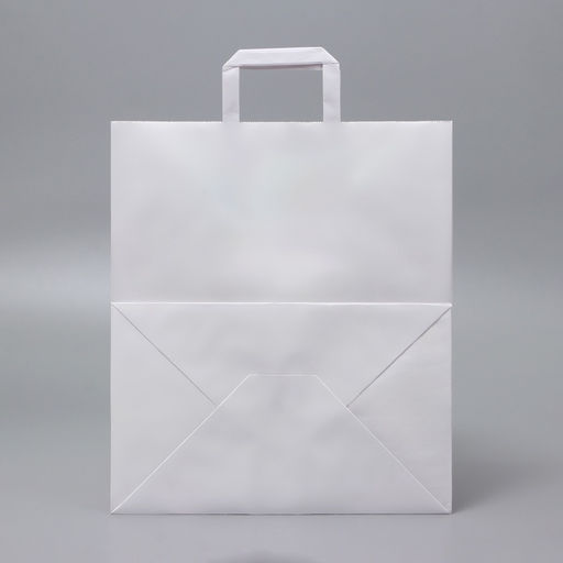 Цена за 25 шт. Пакет крафт без печати, белый, плоская ручка, 32×20×34 см