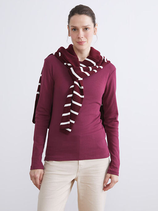 B?y?k Beden Bisiklet Yaka Fitilli Kad?n Ti??rt