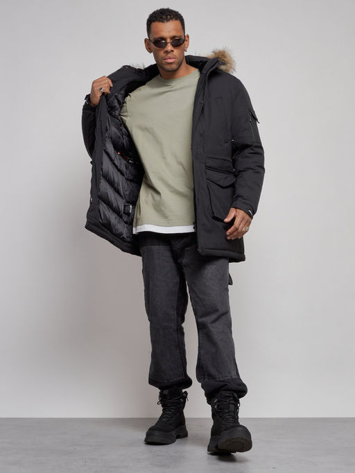 Парка мужская зимняя удлиненная с мехом черного цвета 8318Ch - Wonderrman фото 14