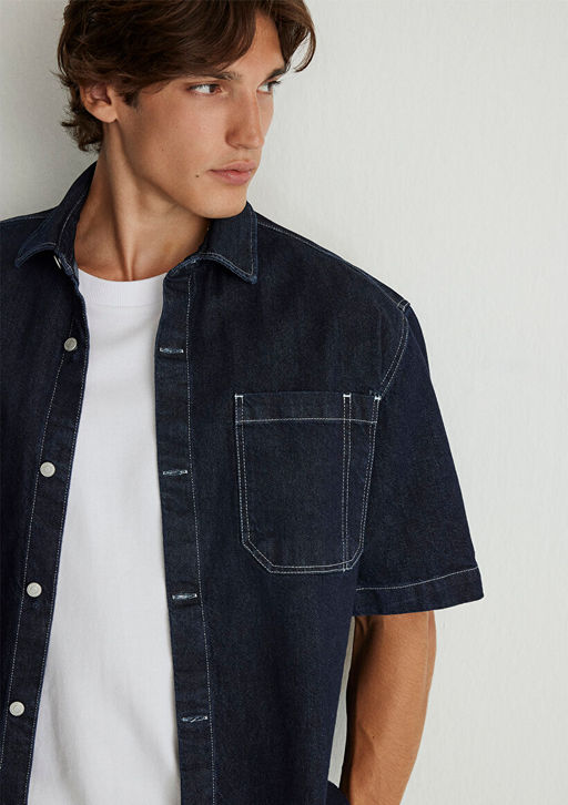 K?sa Kollu Denim Gomlek - Mavi фото 6