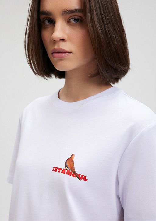 S?rt Bask?l? Istanbul Tisort - Mavi фото 5