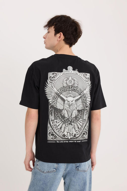 %100 Pamuk Boxy Fit Bisiklet Yaka S_rt Bask_l_ K_sa Kollu Ti__rt