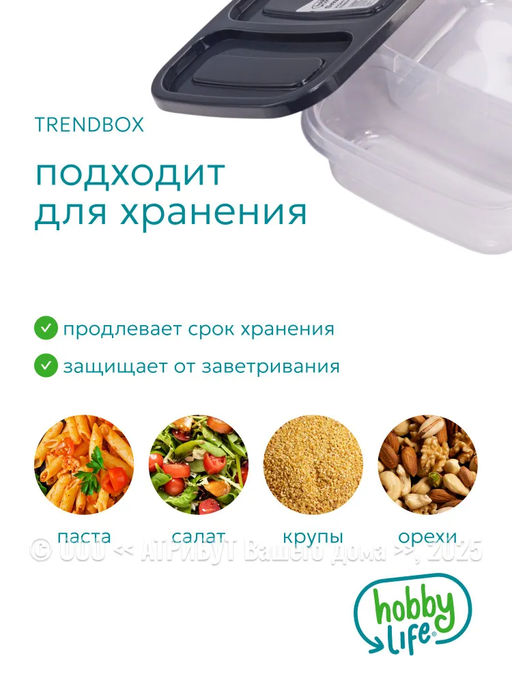 Контейнер пищевой TRENDBOX, серый, две секции, с крышкой, прямоугольный - Hobby Life фото 6