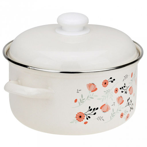 "Blossom" Набор эмалированных кастрюль 2 предмета: 2л, 3л, s0,8мм, форма цилиндрическая, двойной слой эмалевого покрытия, металлическая крышка с пластмассовой ручкой-кнопкой, металлические ручки, нержавеющий ободок (Россия)