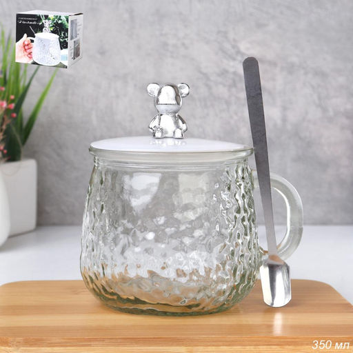 Кружка 350 мл с ложкой и крышкой Мишка / 5043 /уп 60/*