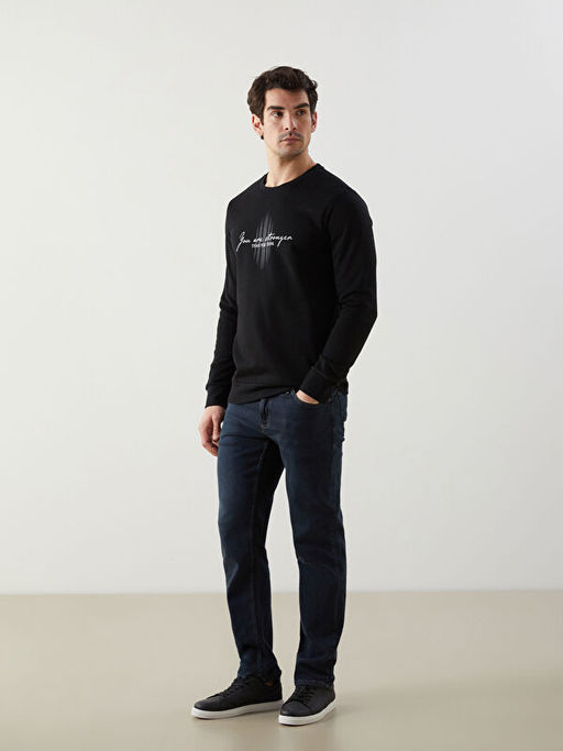 Bisiklet Yaka Bask?l? Erkek Kal?n Sweatshirt