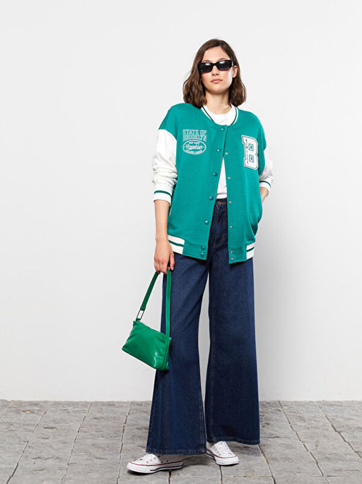 Bisiklet Yaka Nak??l? Uzun Kollu Kad?n Bomber Spor H?rka