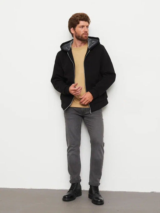 Акция -10%!!! М-34 Куртка-толстовка мужская на меховой подкладке (черный)