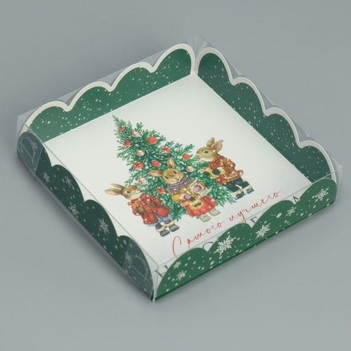 Цена за 5 шт. Коробка для кондитерских изделий новогодняя с пластиковой крышкой «Зайчики», 13×13×3 см