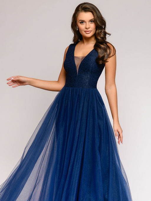 Платье темно-синее длины макси с кружевной отделкой без рукавов - 1001dress фото 2