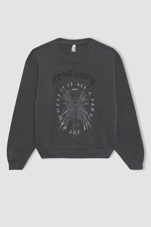 Толстый свитшот с круглым вырезом и принтом для девочек - Defacto фото 7