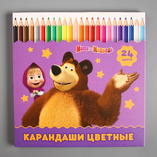 Карандаши 24 цвета, заточенные, шестигранные, картонная упаковка, европодвес, Маша и Медведь  фото 2