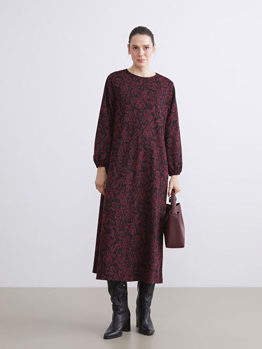 B?y?k Beden Bisiklet Yaka Desenli Elbise