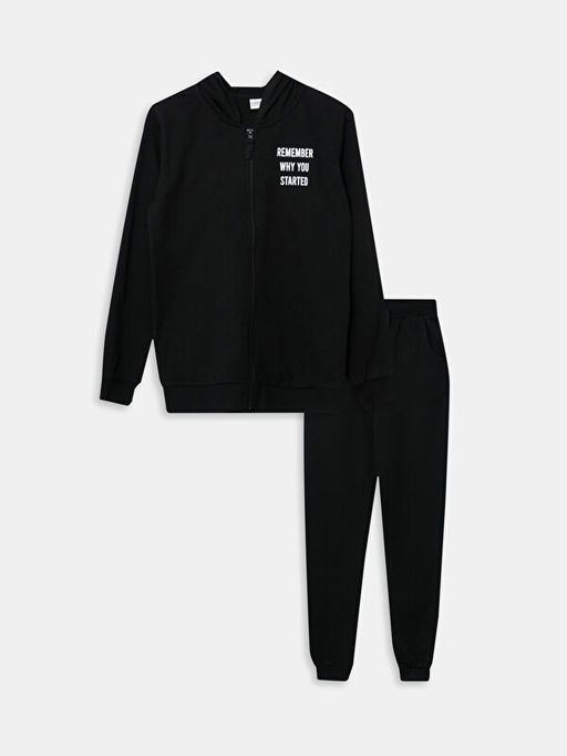 Kap??onlu Bask?l? Uzun Kollu K?z ?ocuk Fermuarl? Sweatshirt ve E?ofman Alt?