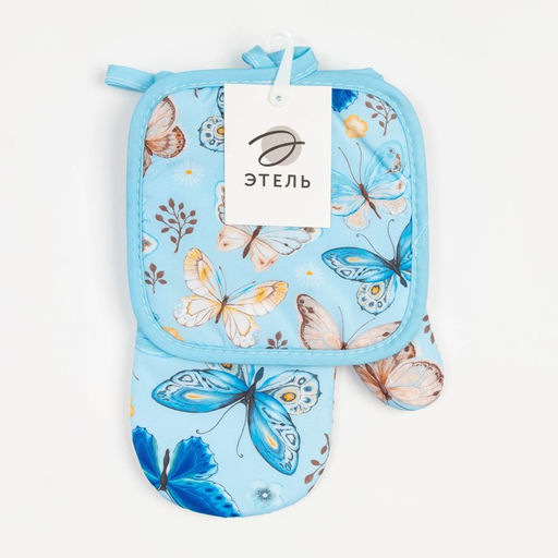 Кухонный набор 2 прихватки Этель Бабочки , прихватка 17х17 см, варежка 24х16 см, 100% п/э  фото 6