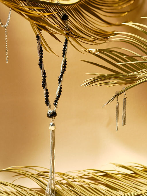 Набор 2 предмета: серьги, бусы Унисон накрученность, чёрный в серебре, 60 см