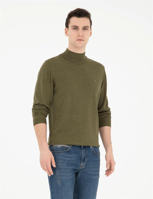 A__k Ye_il Slim Fit Yar_m Bal_k__ Yaka Y_n Kar___ml_ Basic Triko Kazak