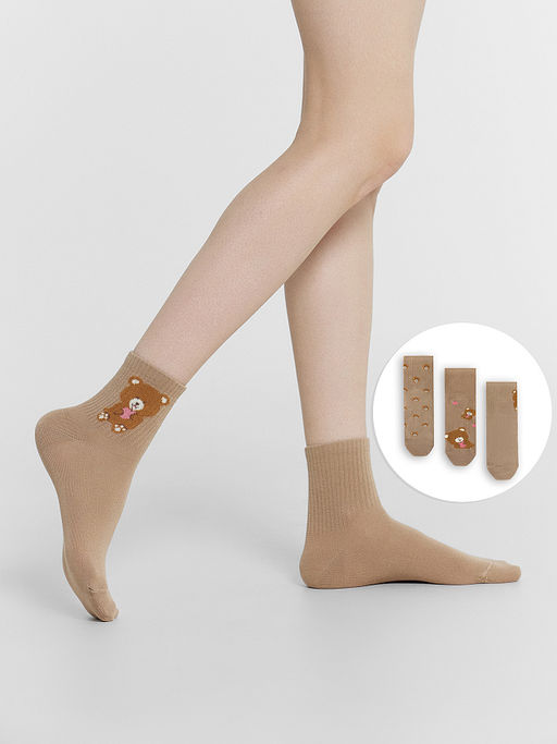 Носки женские мультипак (3 пары) коричневые с рисунком в виде медведей