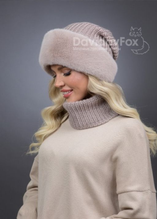 Шапка Ника трикотаж экомех бежевая