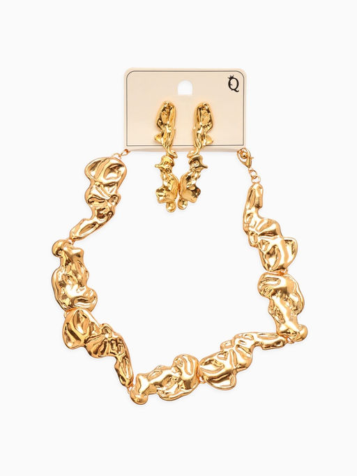 Набор 2 предмета: серьги, колье Мятое, 35 см, серьги 6 см, цвет золото