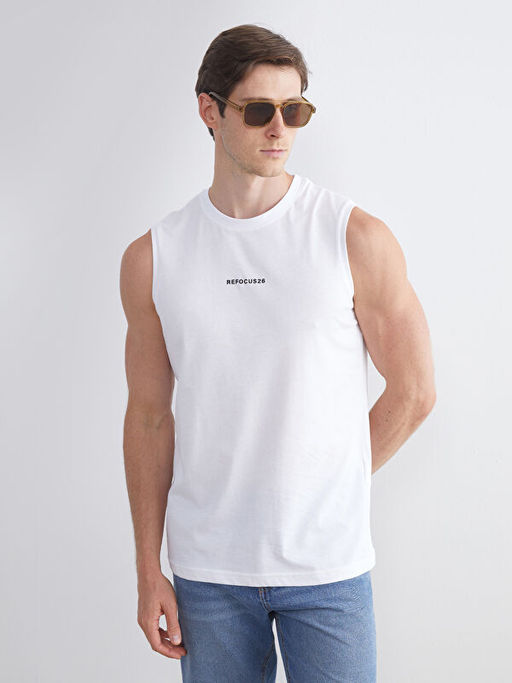 Bisiklet Yaka Bask?l? Erkek Kolsuz Ti??rt