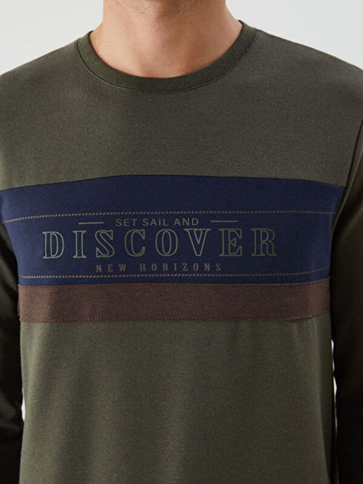 Bisiklet Yaka Uzun Kollu Bask?l? Erkek Sweatshirt