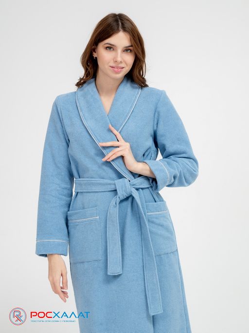 Женский махровый халат с кантом голубой МЗ-32 (62)