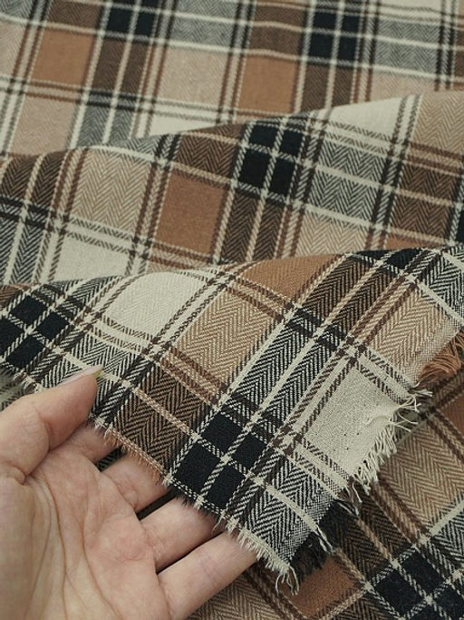 Фуле Клетка цв.карамельно-коричневый/бежевый/черный, ш.1.45м, хлопок-95%, п/э-5%, 150гр/м.кв - Купава фото 3