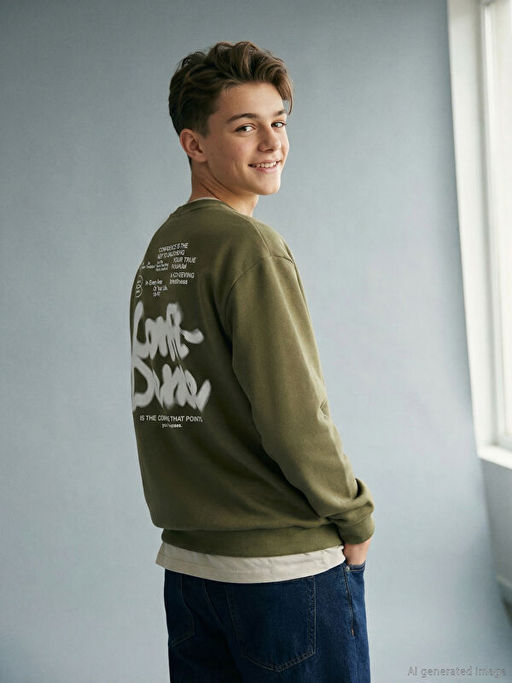 Bisiklet Yaka Bask?l? Erkek ?ocuk Sweatshirt