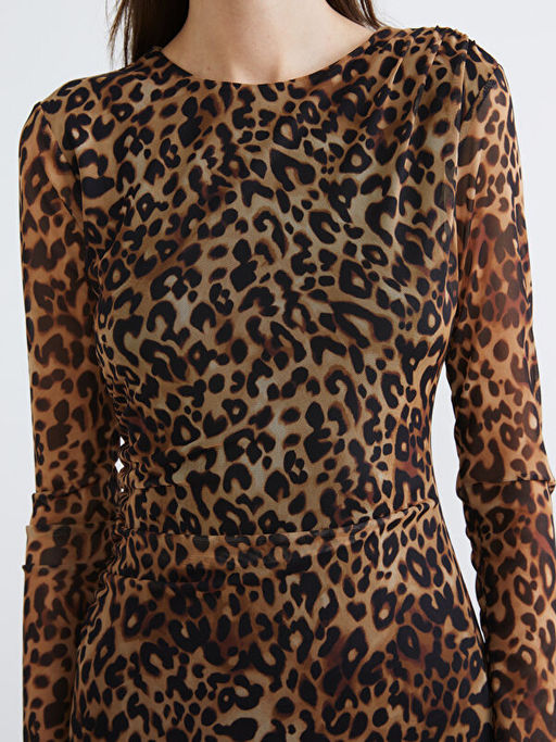 Bisiklet Yaka Leopar Desenli B?zg?l? Mini Elbise
