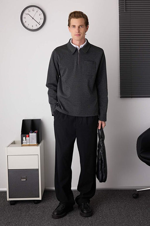 Antrasit Melanj Regular/Normal Kesim Polo Yaka Fermuarl_ Kal_n Sweatshirt TMNAW26SW00007 - Trendyolmilla фото 2