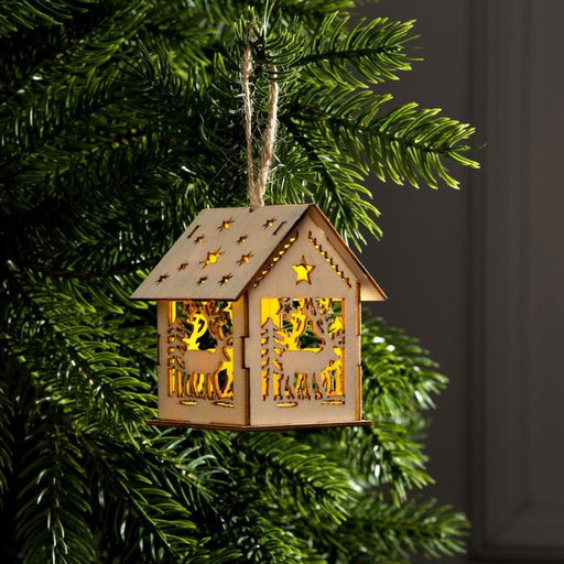 Цена за 2 шт. Ёлочная игрушка Домик с оленем, 7.5х6.5х6 см, от батареек, свечение тёплое белое