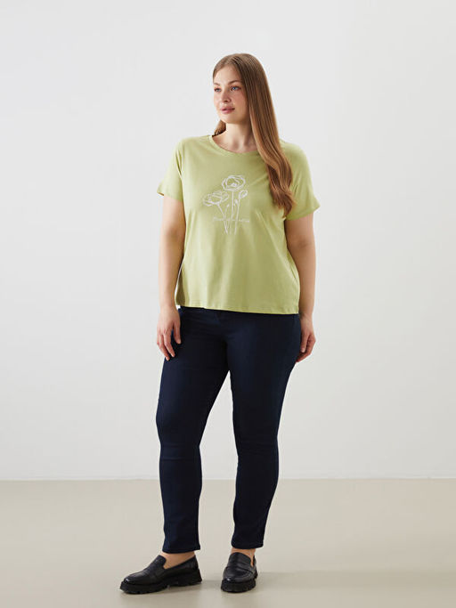 Bisiklet Yaka Bask?l? Penye Kad?n Ti??rt