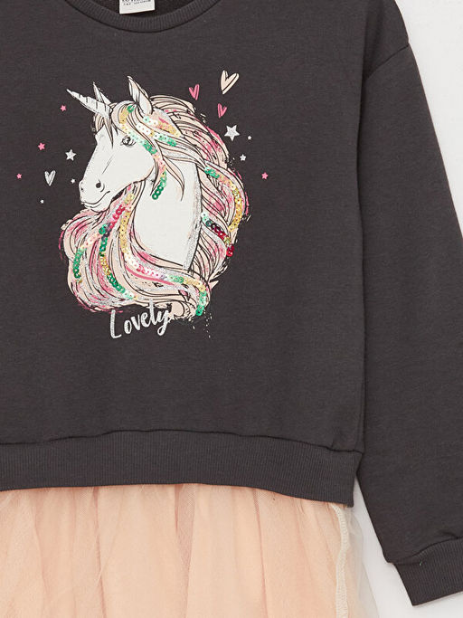 Bisiklet Yaka Bask?l? Uzun Kollu K?z ?ocuk Elbise