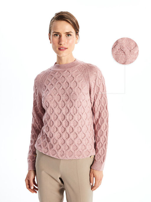 Bisiklet Yaka Kendinden Desenli Uzun Kollu Kad?n Triko Kazak