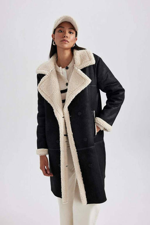 Парка замшевого пальто стандартного кроя с плюшевой подкладкой - Defacto фото 4